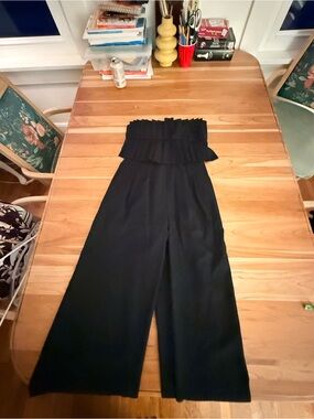 Reformation Black Strapless Ruffle Wide-Leg Jumpsuit
